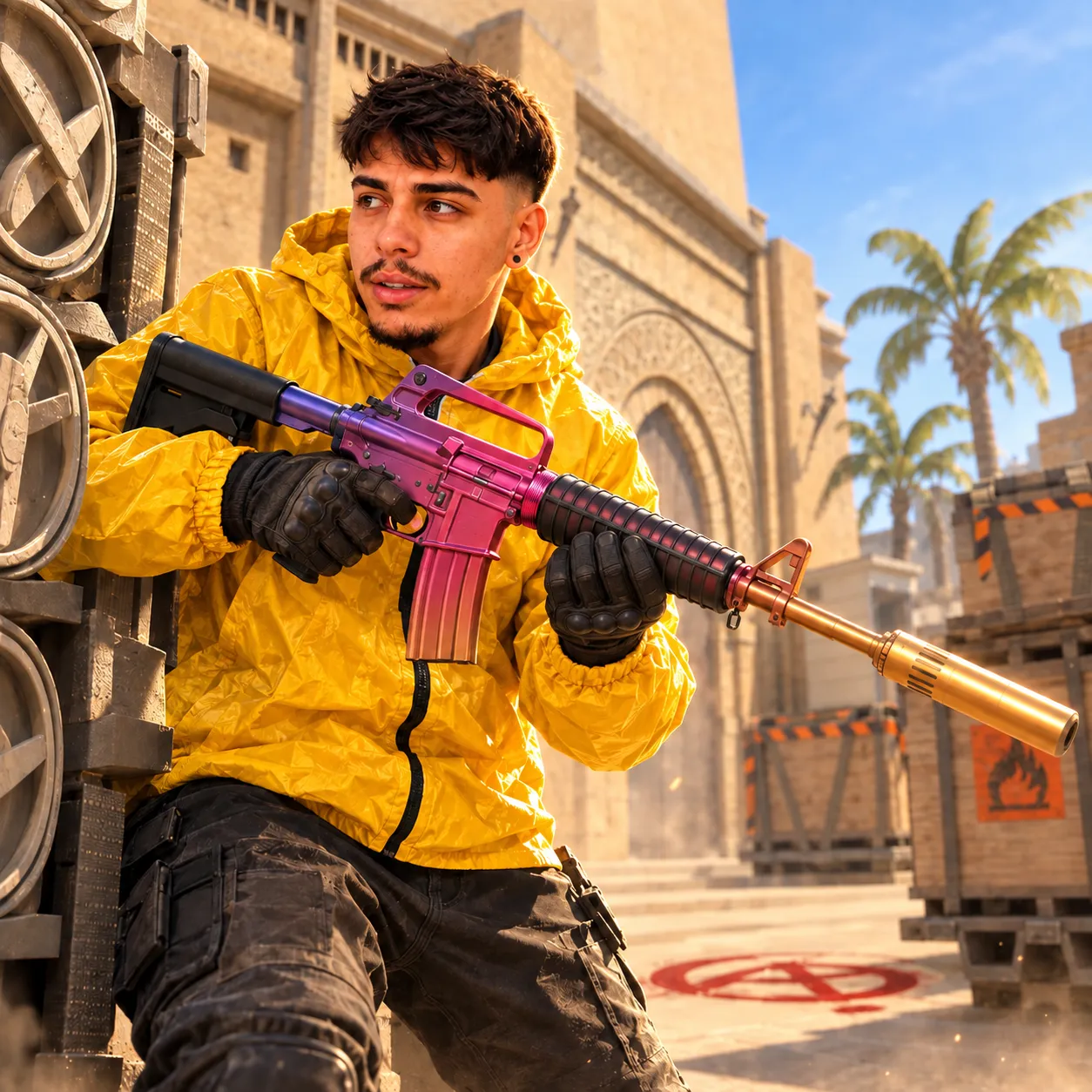 Onizera com jaqueta amarela em um cenário inspirado em Counter-Strike 2